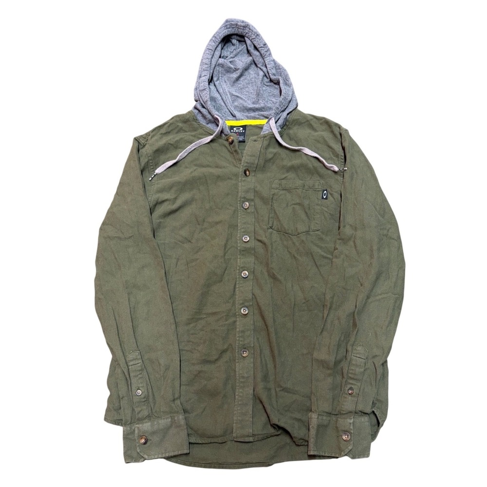 Oakley Mens Hooded Button Down Shirt Olive Green Long Sleeve Hoodie Flannel Med